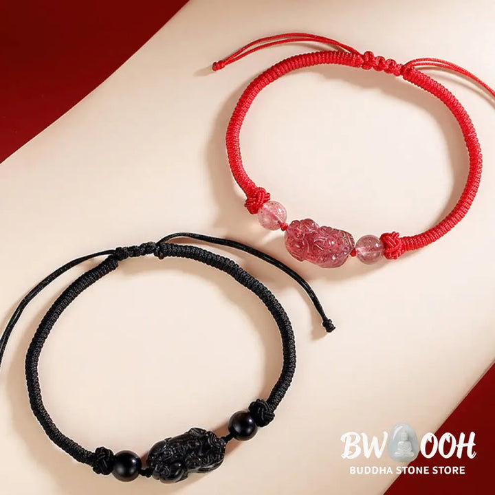 BWOOOH Handmade Natural Silver Sheen Obsidian Strawberry Quartz PiXiu Protection Braide | spiritual healing bracelet