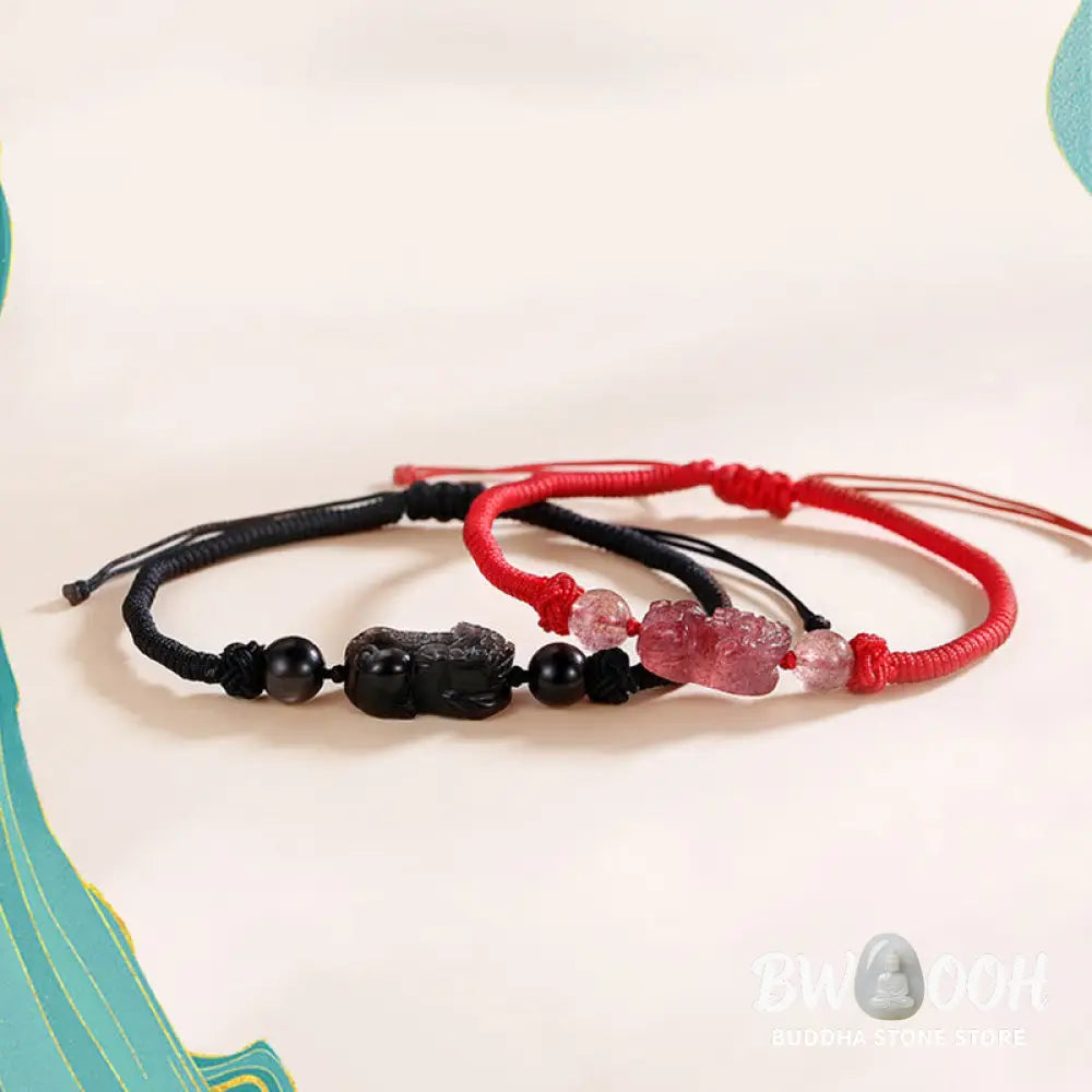 BWOOOH Handmade Natural Silver Sheen Obsidian Strawberry Quartz PiXiu Protection Braide | spiritual healing bracelet