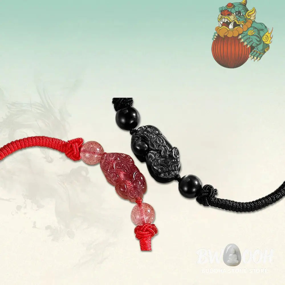 BWOOOH Handmade Natural Silver Sheen Obsidian Strawberry Quartz PiXiu Protection Braide | spiritual healing bracelet