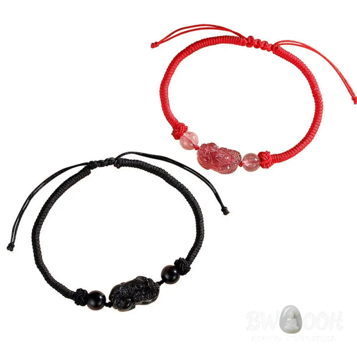 BWOOOH Handmade Natural Silver Sheen Obsidian Strawberry Quartz PiXiu Protection Braide | spiritual healing bracelet