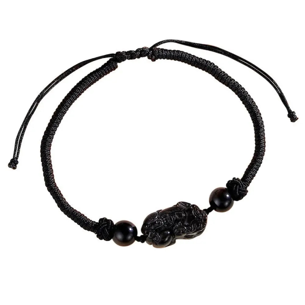 BWOOOH Handmade Natural Silver Sheen Obsidian Strawberry Quartz PiXiu Protection Braided Bracelet - Silver Sheen
