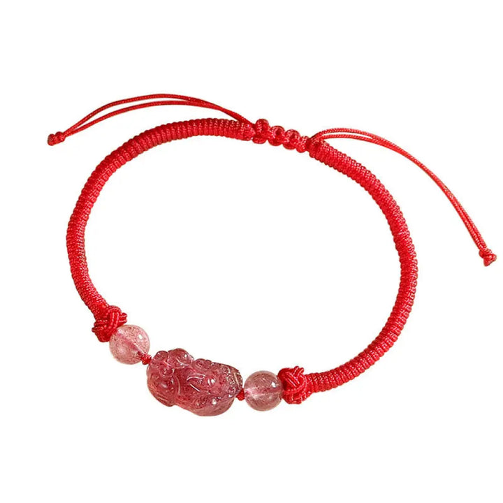 BWOOOH Handmade Natural Silver Sheen Obsidian Strawberry Quartz PiXiu Protection Braided Bracelet - Strawberry
