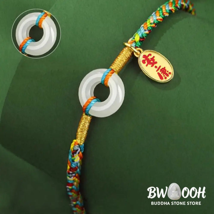 Buddha Stones Handmade Peace Buckle Jade Prosperity 925 Sterling Silver Colorful Rope Bracelet - Bracelet