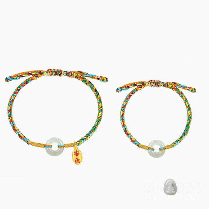 Buddha Stones Handmade Peace Buckle Jade Prosperity 925 Sterling Silver Colorful Rope Bracelet - Bracelet