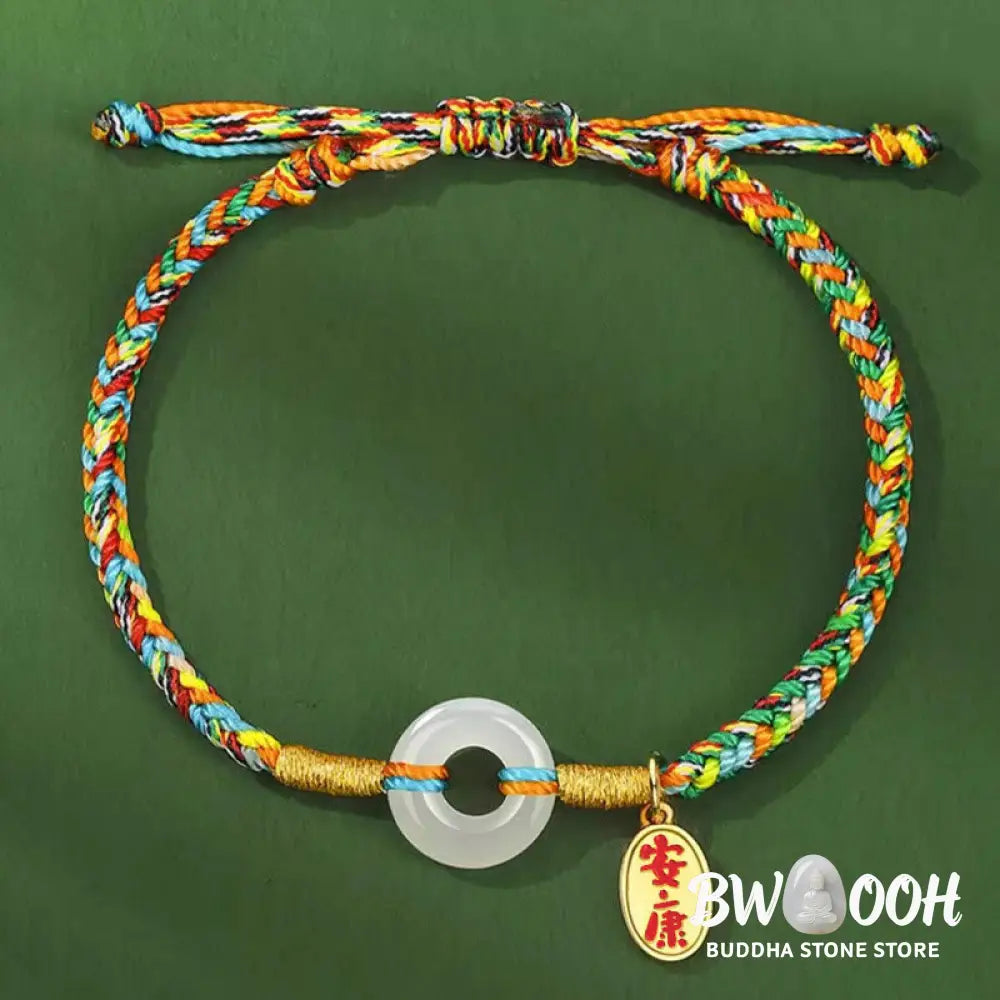 Buddha Stones Handmade Peace Buckle Jade Prosperity 925 Sterling Silver Colorful Rope Bracelet - Bracelet