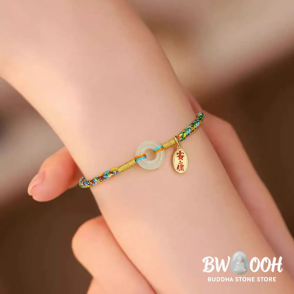 Buddha Stones Handmade Peace Buckle Jade Prosperity 925 Sterling Silver Colorful Rope Bracelet - Bracelet
