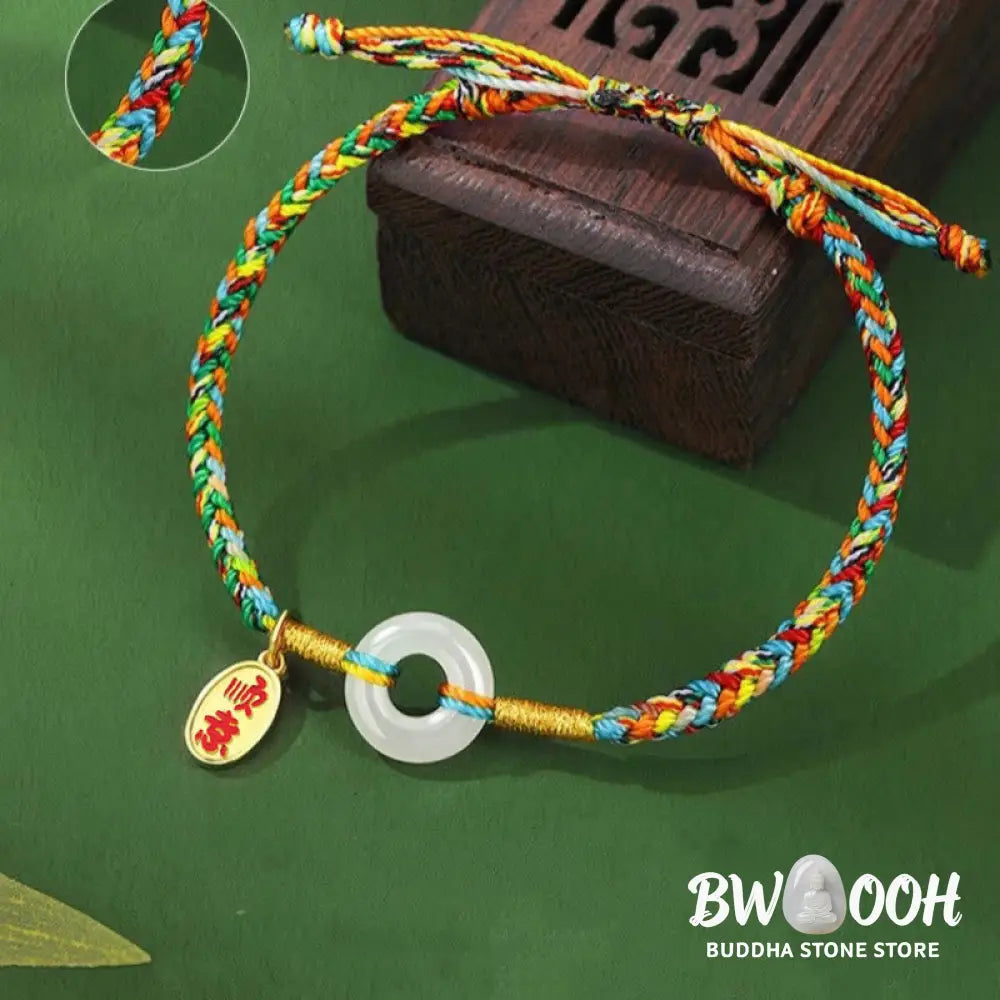 Buddha Stones Handmade Peace Buckle Jade Prosperity 925 Sterling Silver Colorful Rope Bracelet - Bracelet