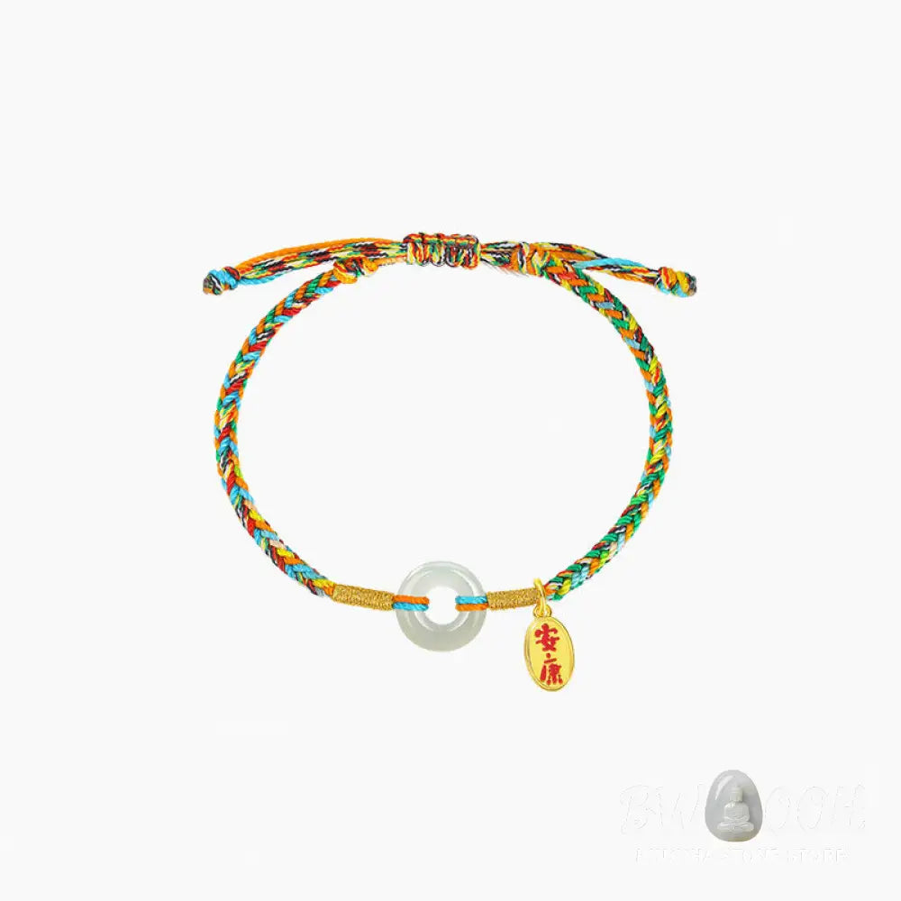 Buddha Stones Handmade Peace Buckle Jade Prosperity 925 Sterling Silver Colorful Rope Bracelet - Bracelet