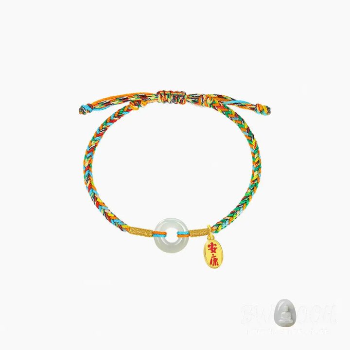 Buddha Stones Handmade Peace Buckle Jade Prosperity 925 Sterling Silver Colorful Rope Bracelet - Bracelet