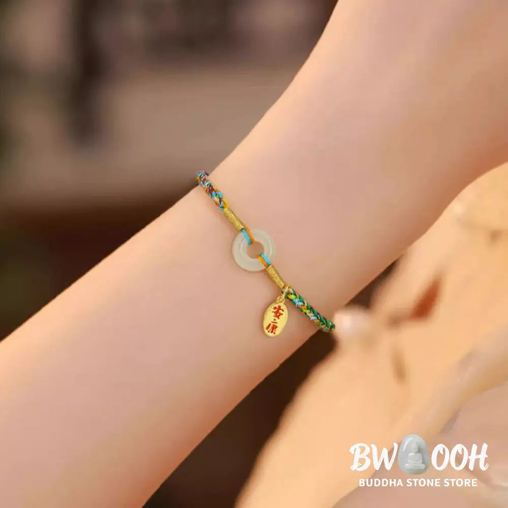 Buddha Stones Handmade Peace Buckle Jade Prosperity 925 Sterling Silver Colorful Rope Bracelet - Bracelet