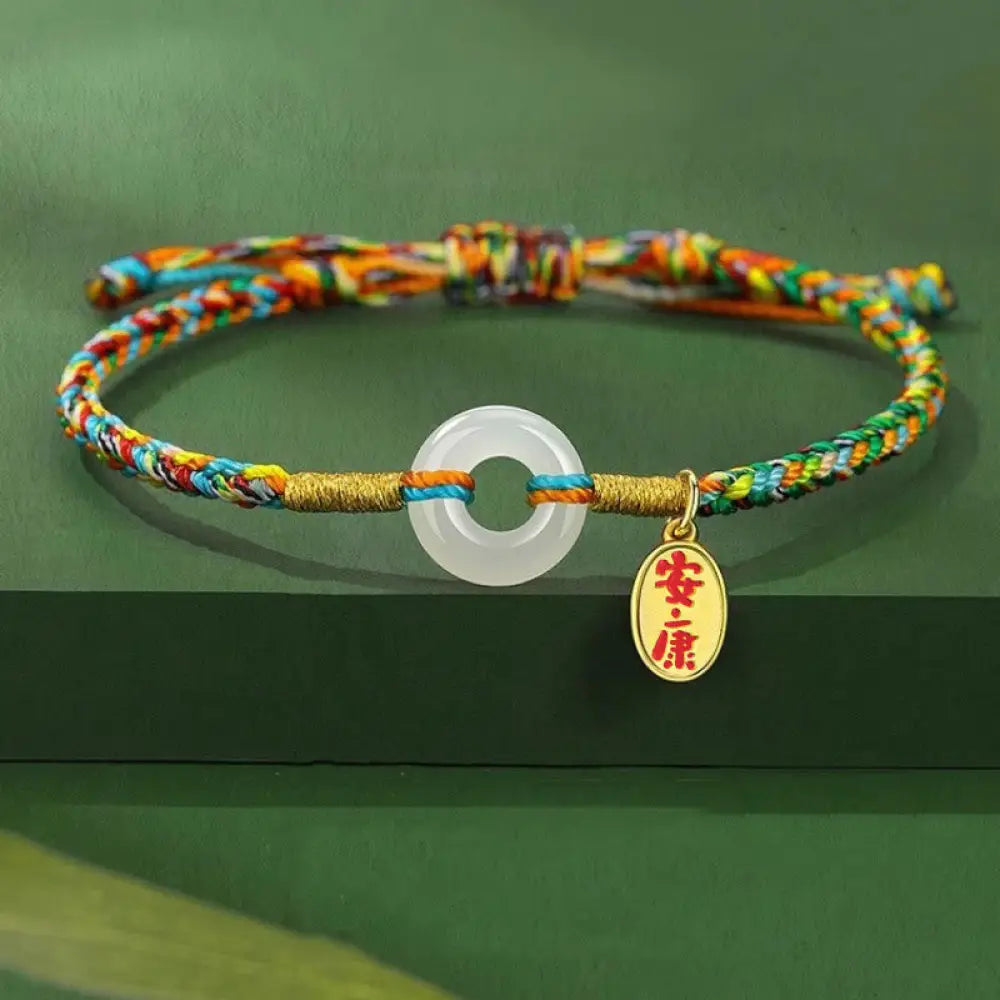 Buddha Stones Handmade Peace Buckle Jade Prosperity 925 Sterling Silver Colorful Rope Bracelet - Adult Style(Wrist
