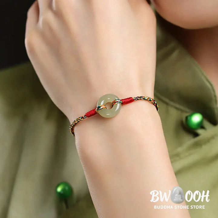 Buddha Stones Handmade Peace Buckle Jade Prosperity Colorful Rope Bracelet - BWOOOH - Jade(Wrist Circumference 14-17cm)