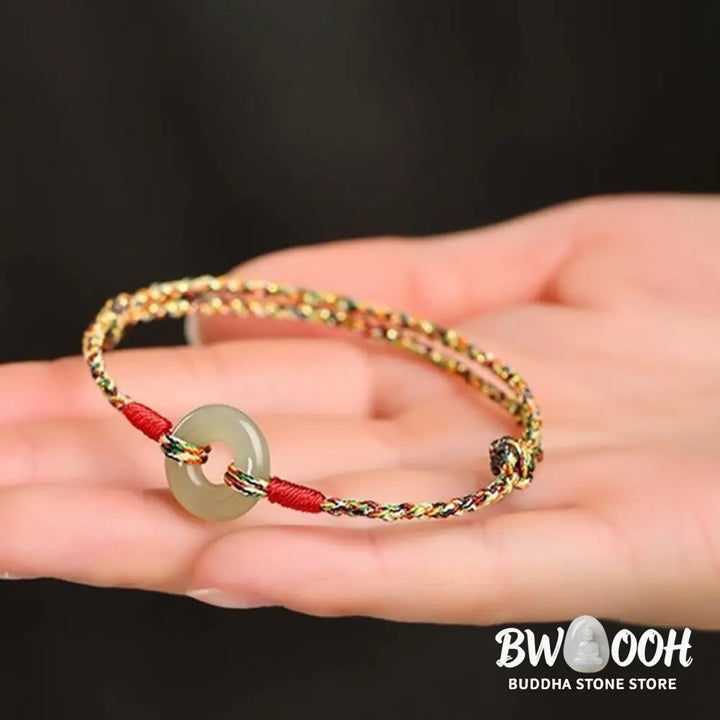 Buddha Stones Handmade Peace Buckle Jade Prosperity Colorful Rope Bracelet - BWOOOH - Jade(Wrist Circumference 14-17cm)
