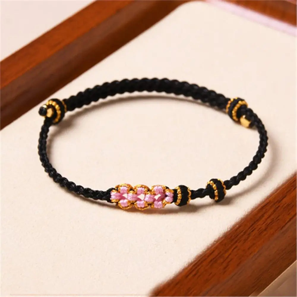 Buddha Stones Handmade Peach Blossom Protection Braided Rope Bracelet - BWOOOH - Black(Wrist Circumference 14-16cm)
