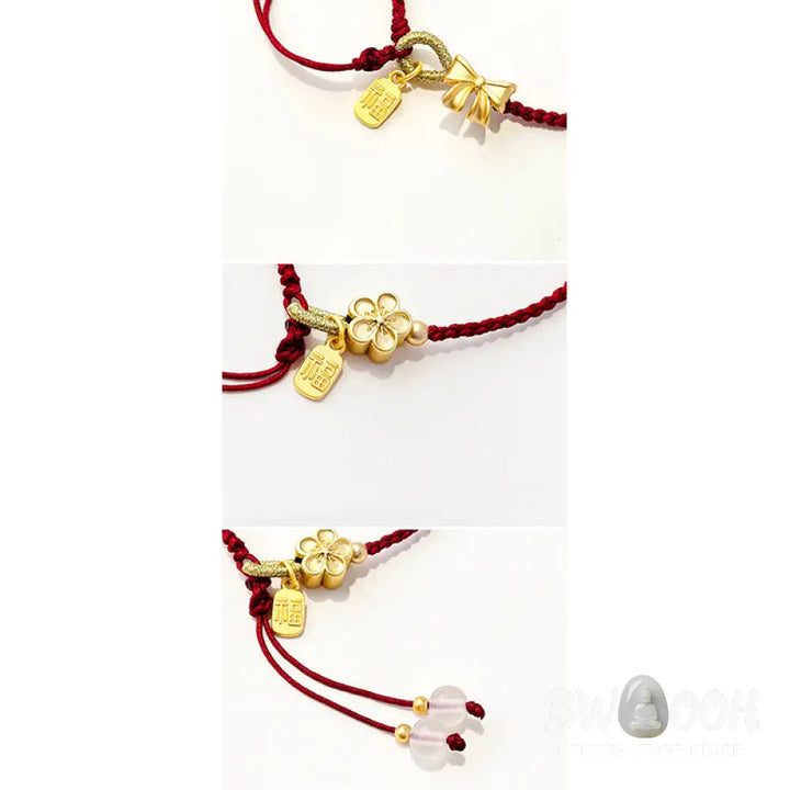 BWOOOH Handmade Peach Blossom Rosette Bow Knot Fu Character Charm Luck Fortune Red Rope | spiritual healing bracelet