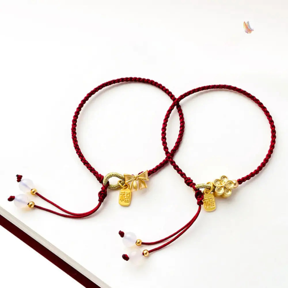 BWOOOH Handmade Peach Blossom Rosette Bow Knot Fu Character Charm Luck Fortune Red Rope | spiritual healing bracelet