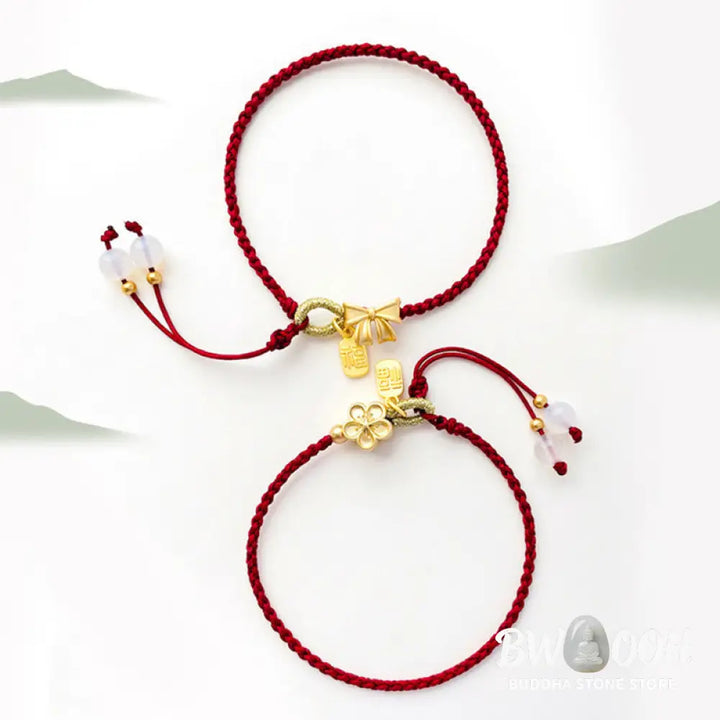 BWOOOH Handmade Peach Blossom Rosette Bow Knot Fu Character Charm Luck Fortune Red Rope | spiritual healing bracelet