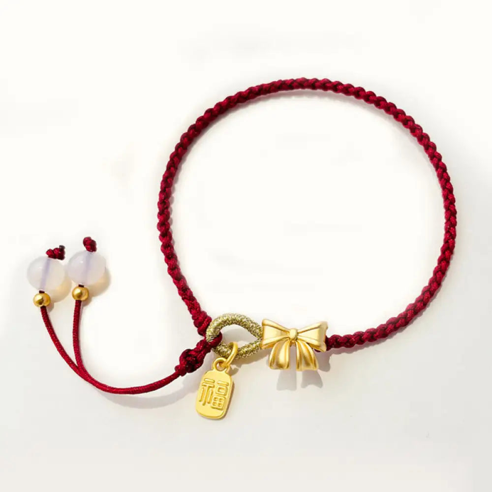 BWOOOH Handmade Peach Blossom Rosette Bow Knot Fu Character Charm Luck Fortune Red Rope Bracelet - Bow