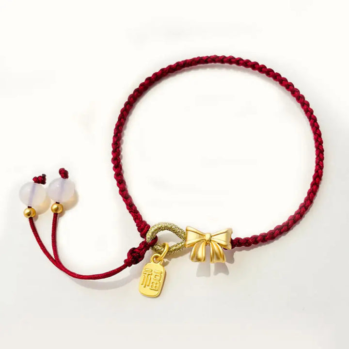 BWOOOH Handmade Peach Blossom Rosette Bow Knot Fu Character Charm Luck Fortune Red Rope Bracelet - Bow