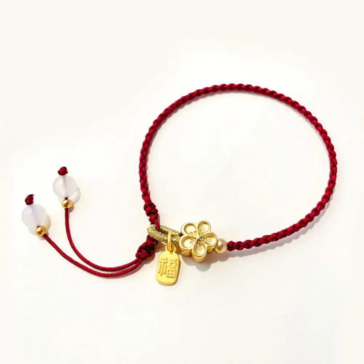 BWOOOH Handmade Peach Blossom Rosette Bow Knot Fu Character Charm Luck Fortune Red Rope Bracelet - Peach