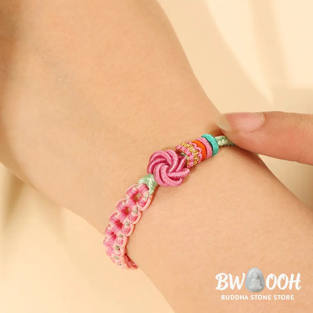 Buddha Stones Handmade Pink Green Peach Blossom Knot Braided Bracelet - BWOOOH - Peach Blossom(Wrist Circumference: