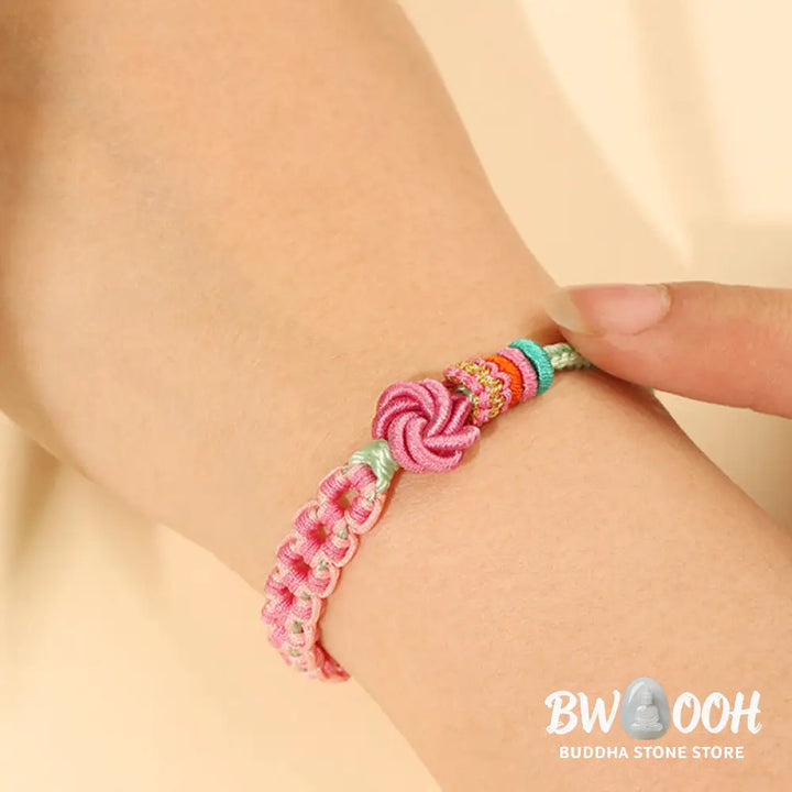 Buddha Stones Handmade Pink Green Peach Blossom Knot Braided Bracelet - BWOOOH - Peach Blossom(Wrist Circumference: