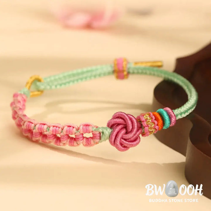 Buddha Stones Handmade Pink Green Peach Blossom Knot Braided Bracelet - BWOOOH - Peach Blossom(Wrist Circumference: