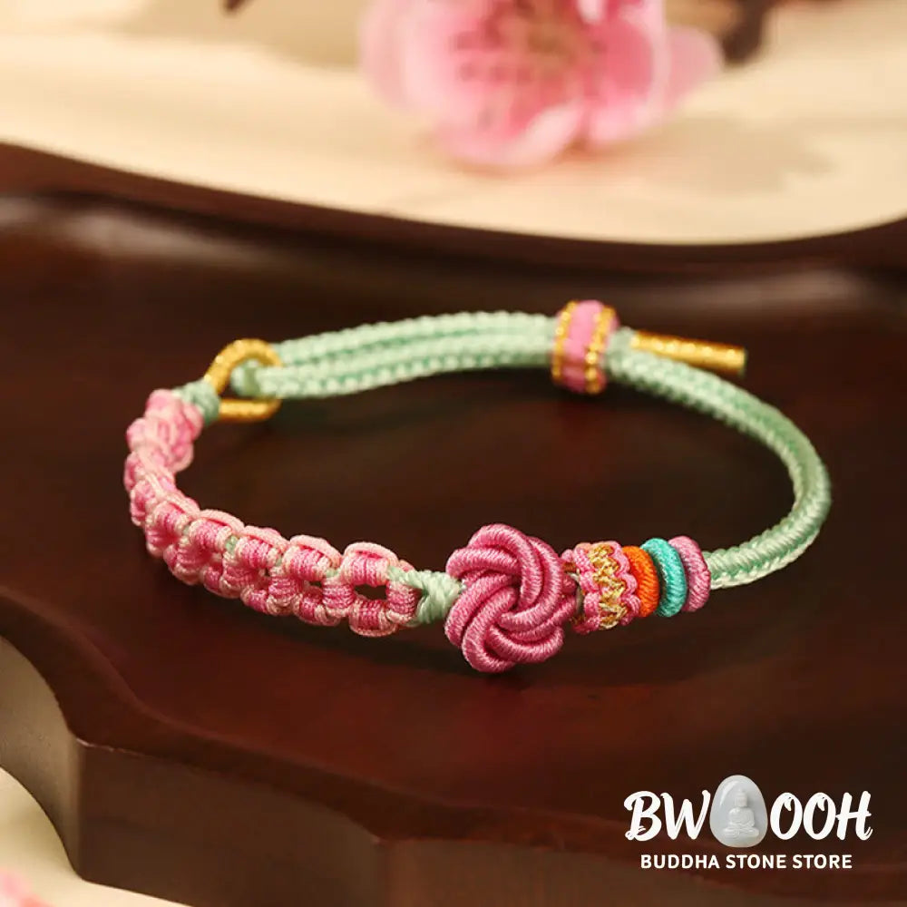 Buddha Stones Handmade Pink Green Peach Blossom Knot Braided Bracelet - BWOOOH - Peach Blossom(Wrist Circumference: