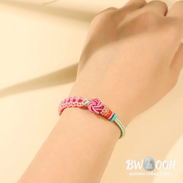 Buddha Stones Handmade Pink Green Peach Blossom Knot Braided Bracelet - BWOOOH - Peach Blossom(Wrist Circumference: