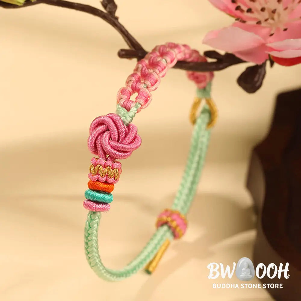 Buddha Stones Handmade Pink Green Peach Blossom Knot Braided Bracelet - BWOOOH - Peach Blossom(Wrist Circumference:
