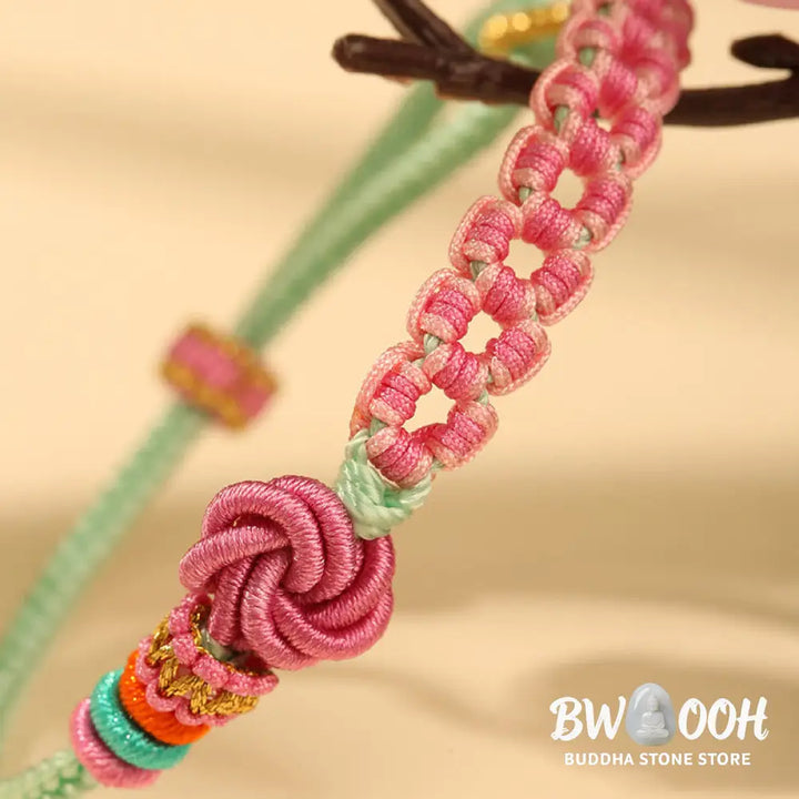 Buddha Stones Handmade Pink Green Peach Blossom Knot Braided Bracelet - BWOOOH - Peach Blossom(Wrist Circumference: