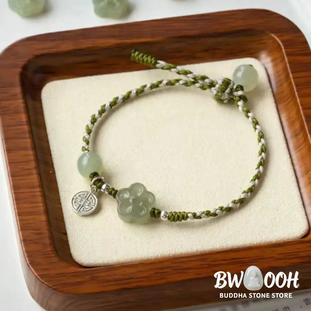 Buddha Stones Handmade Plum Blossom Flower Jade Luck Prosperity Braided Bracelet - BWOOOH - 14-18cm - Bracelet