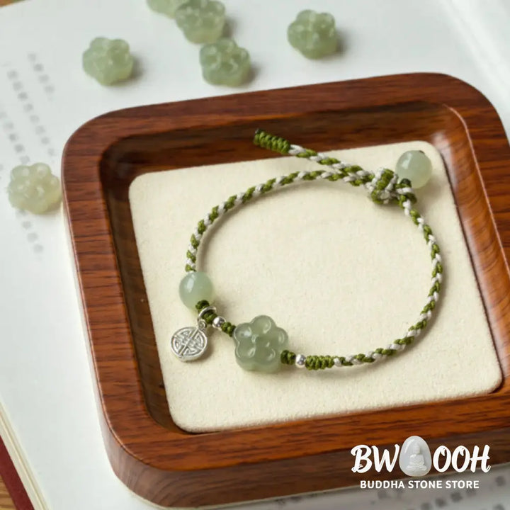 Buddha Stones Handmade Plum Blossom Flower Jade Luck Prosperity Braided Bracelet - BWOOOH - 14-18cm - Bracelet