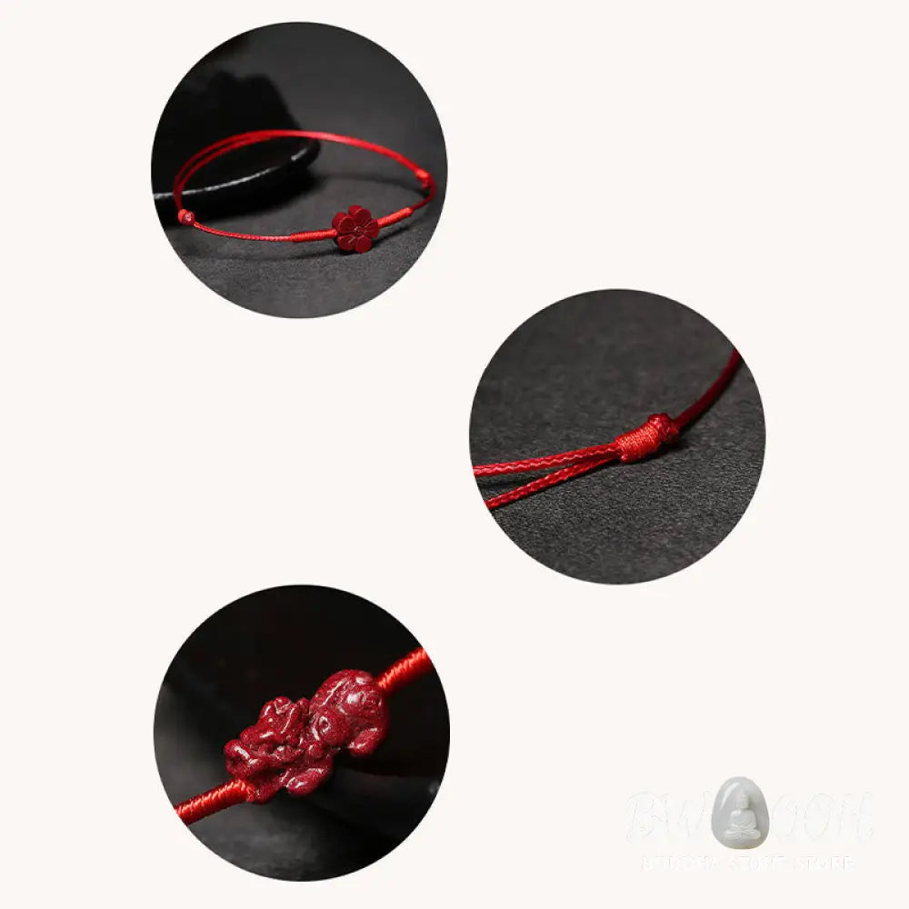 Buddha Stones Handmade Plum Blossom Four Leaf Clover PiXiu Lotus Koi Fish Cinnabar Blessing Braid Bracelet - BWOOOH