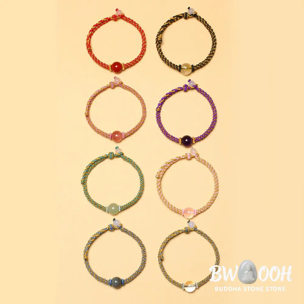Buddha Stones Handmade Red Agate Amethyst Golden Rutilated Quartz Pink Crystal Bead Calm Braided Bracelet - BWOOOH