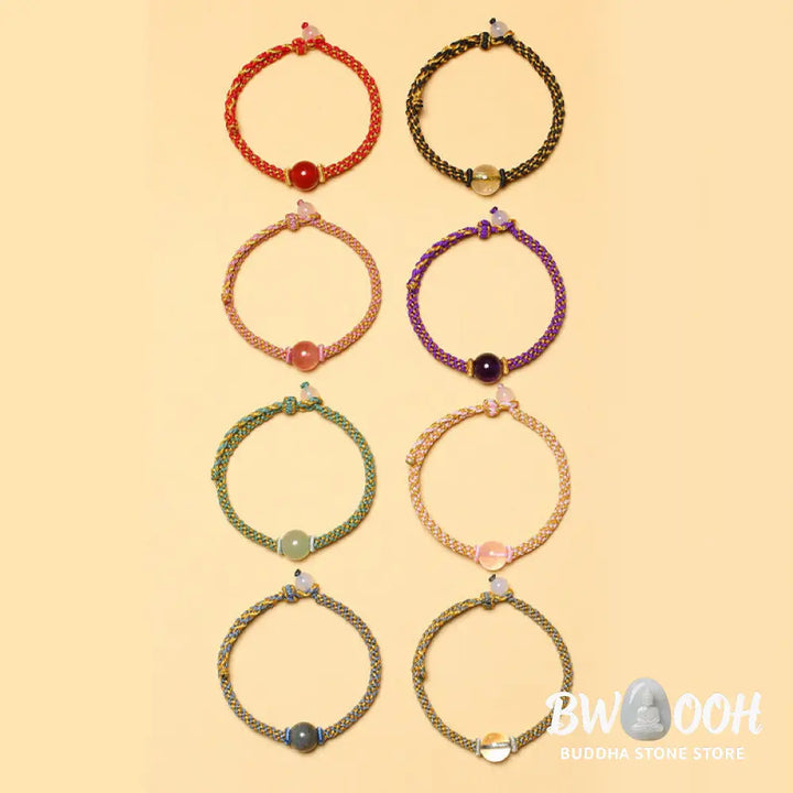 Buddha Stones Handmade Red Agate Amethyst Golden Rutilated Quartz Pink Crystal Bead Calm Braided Bracelet - BWOOOH