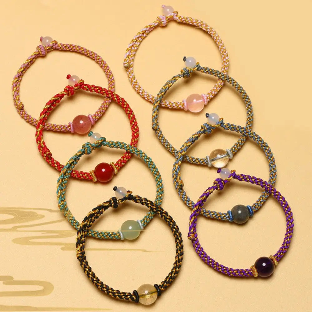 BWOOOH Handmade Red Agate Amethyst Golden Rutilated Quartz Pink Crystal Bead Calm Braided Bracelet - BWOOOH