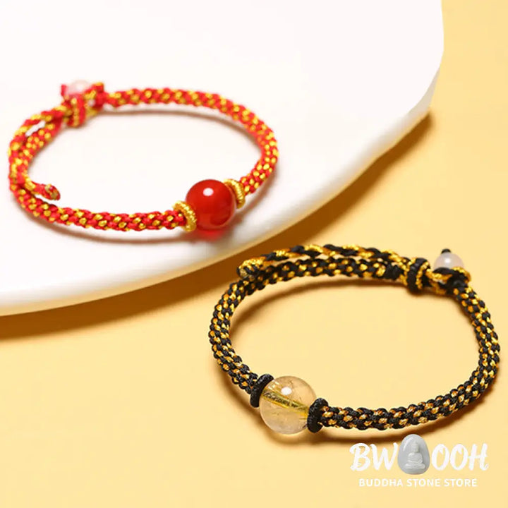 Buddha Stones Handmade Red Agate Amethyst Golden Rutilated Quartz Pink Crystal Bead Calm Braided Bracelet - BWOOOH