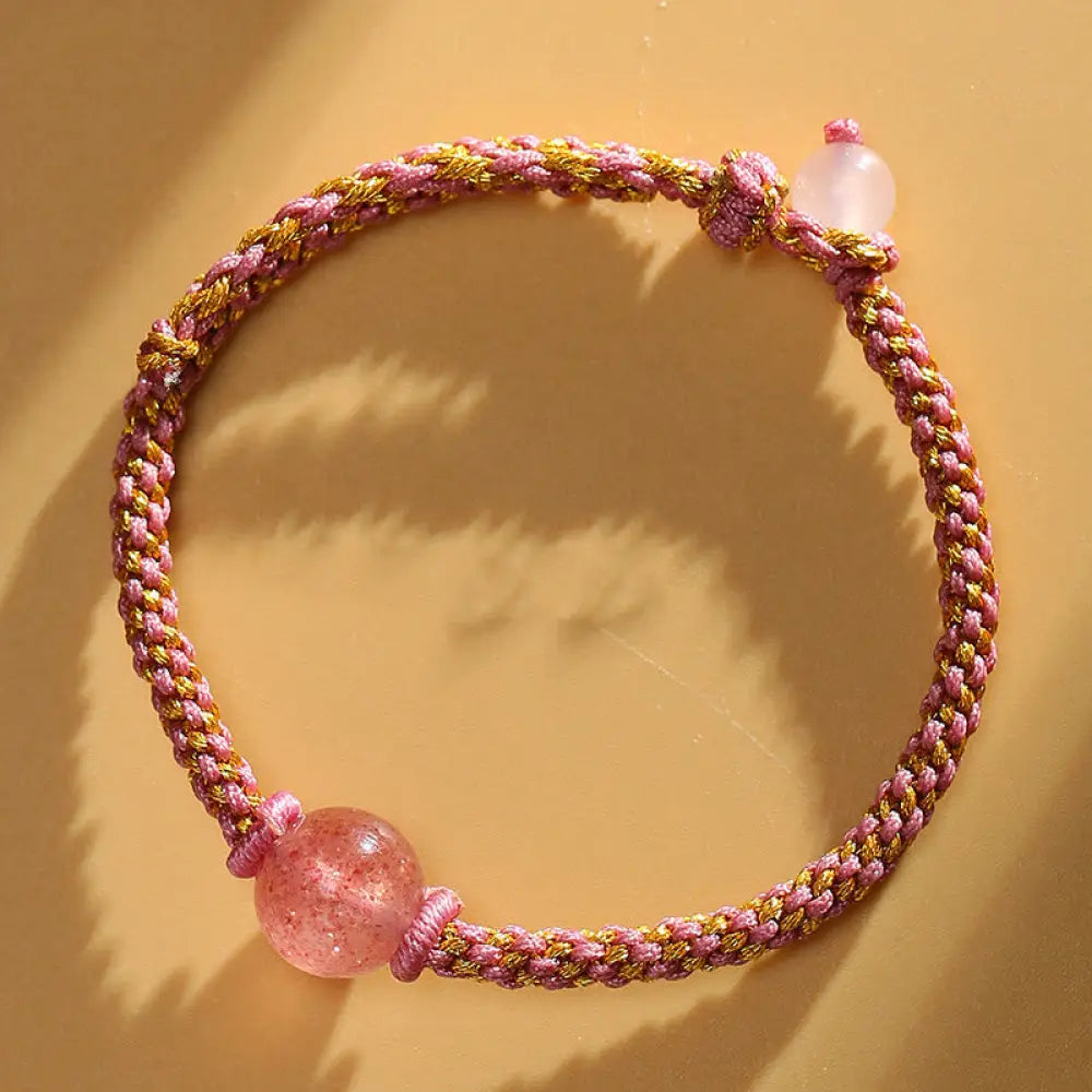 Buddha Stones Handmade Red Agate Amethyst Golden Rutilated Quartz Pink Crystal Bead Calm Braided Bracelet - BWOOOH