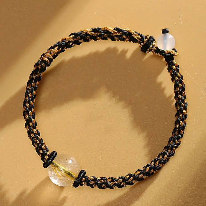 Buddha Stones Handmade Red Agate Amethyst Golden Rutilated Quartz Pink Crystal Bead Calm Braided Bracelet - BWOOOH
