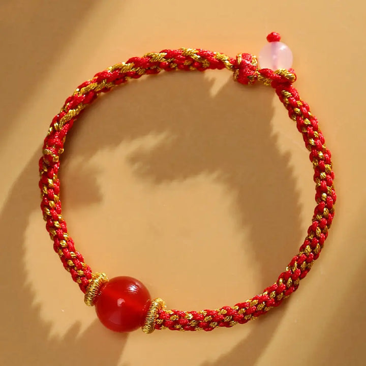 Buddha Stones Handmade Red Agate Amethyst Golden Rutilated Quartz Pink Crystal Bead Calm Braided Bracelet - BWOOOH