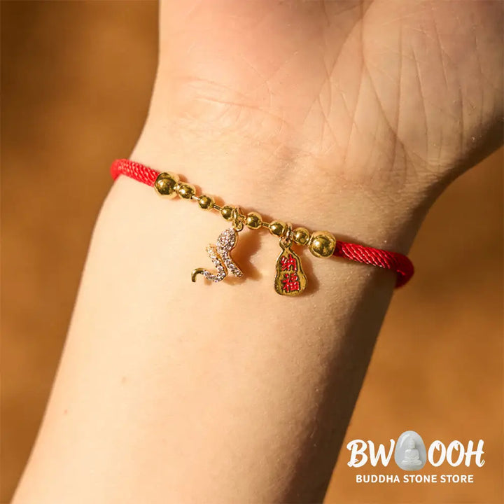 Buddha Stones Handmade Red String Fu Character Year Of The Snake Protection Braided Bracelet - BWOOOH - Red
