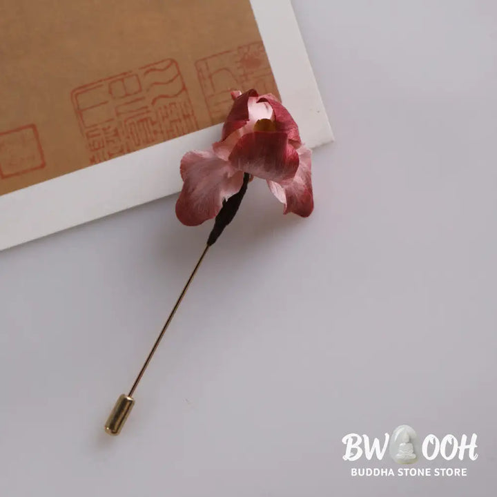 Buddha Stones Handmade Silk Art Dark Red Velvet Iris Blessing Good Fortune Brooch - Red Iris(Length: About 7-8cm)