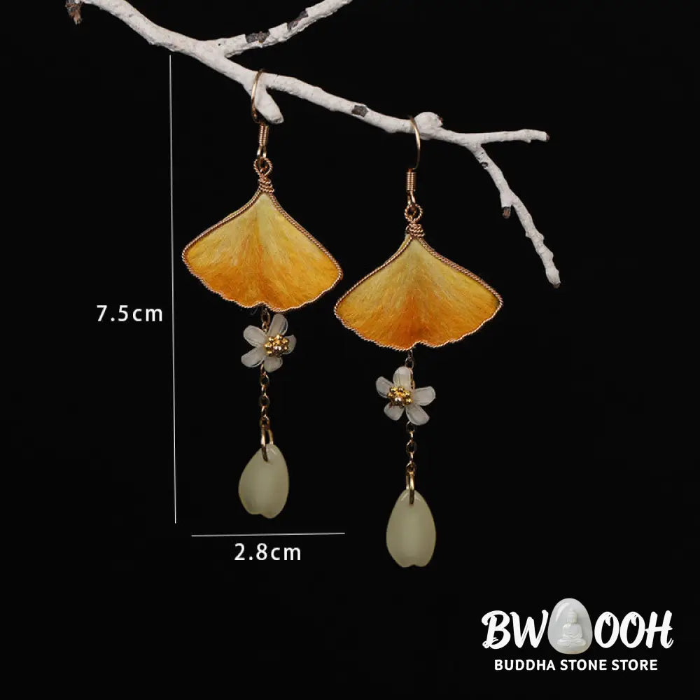 Buddha Stones Handmade Silk Craft Yellow Ginkgo Leaf Copper Hook Good Fortune Dangle Earrings - Earrings