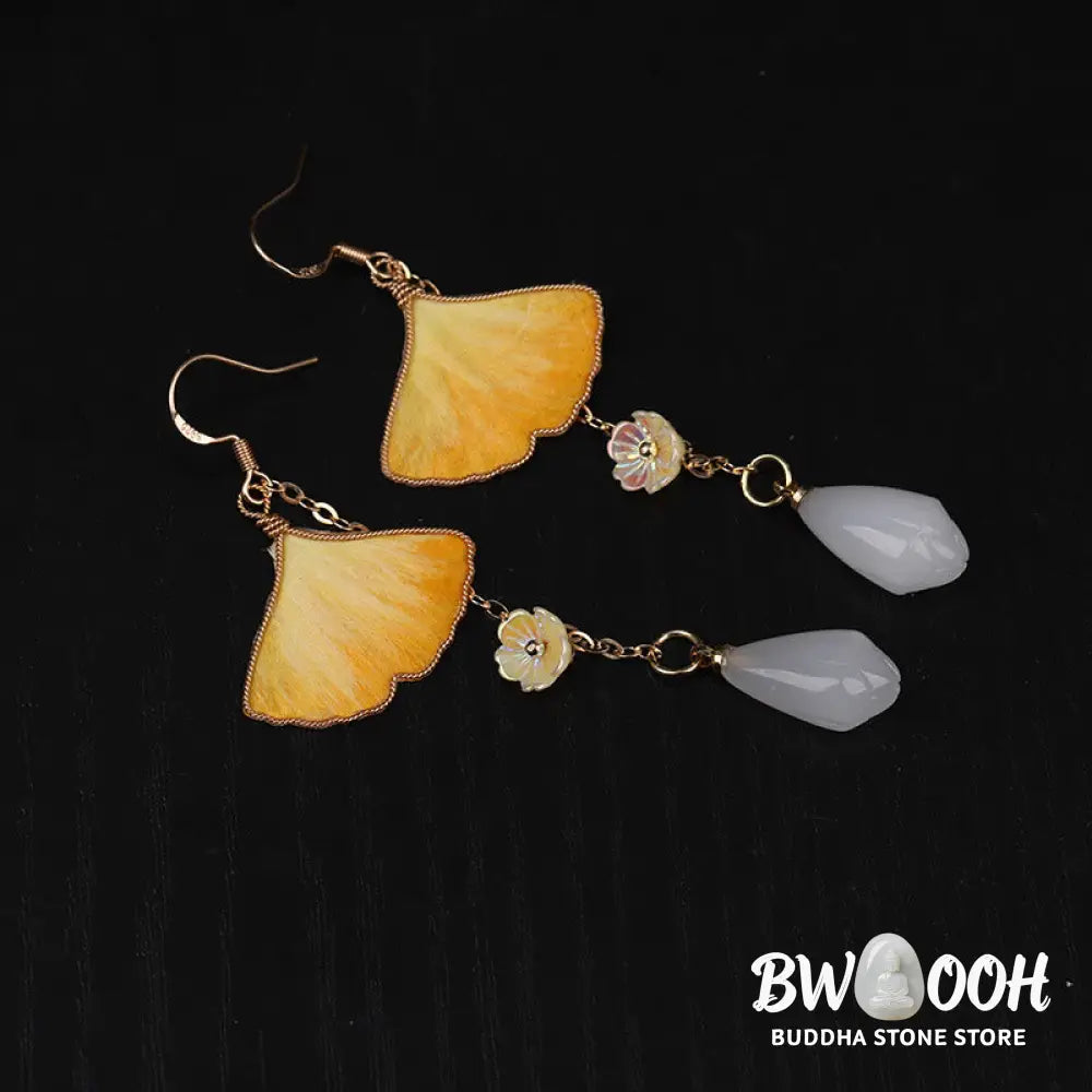 Buddha Stones Handmade Silk Craft Yellow Ginkgo Leaf Copper Hook Good Fortune Dangle Earrings - Earrings