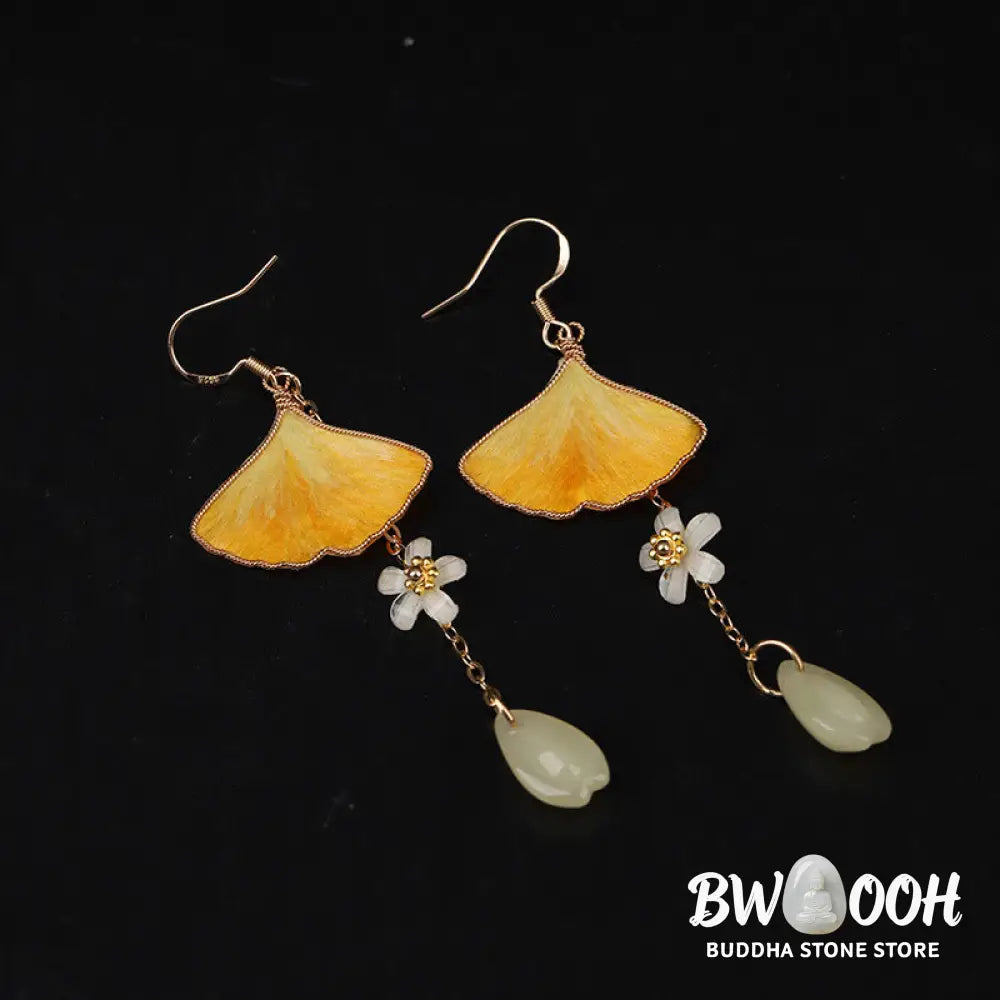 Buddha Stones Handmade Silk Craft Yellow Ginkgo Leaf Copper Hook Good Fortune Dangle Earrings - Earrings