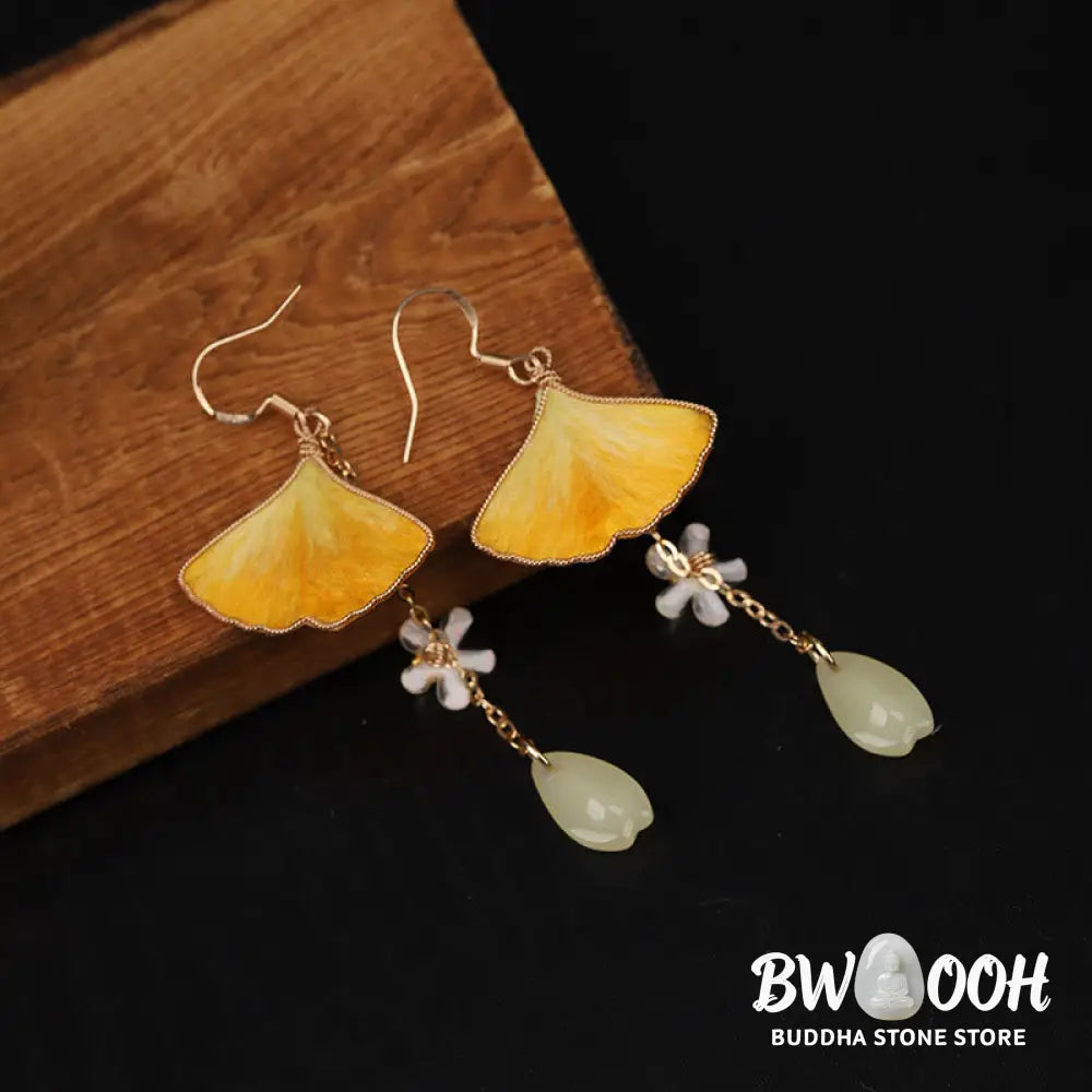 Buddha Stones Handmade Silk Craft Yellow Ginkgo Leaf Copper Hook Good Fortune Dangle Earrings - Earrings
