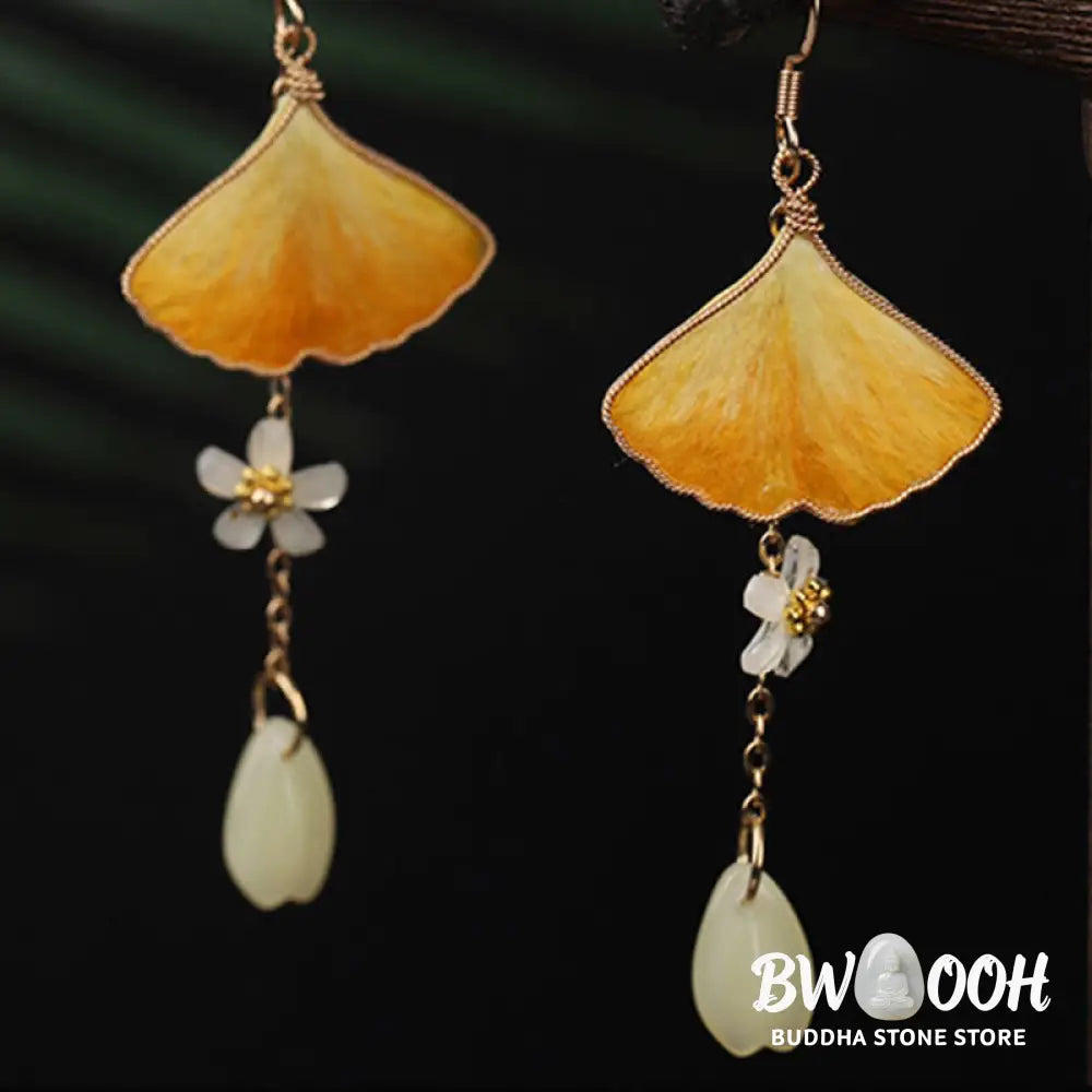 Buddha Stones Handmade Silk Craft Yellow Ginkgo Leaf Copper Hook Good Fortune Dangle Earrings - Earrings