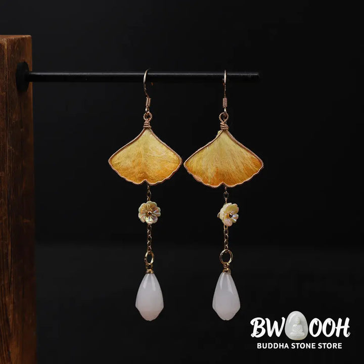 Buddha Stones Handmade Silk Craft Yellow Ginkgo Leaf Copper Hook Good Fortune Dangle Earrings - Earrings