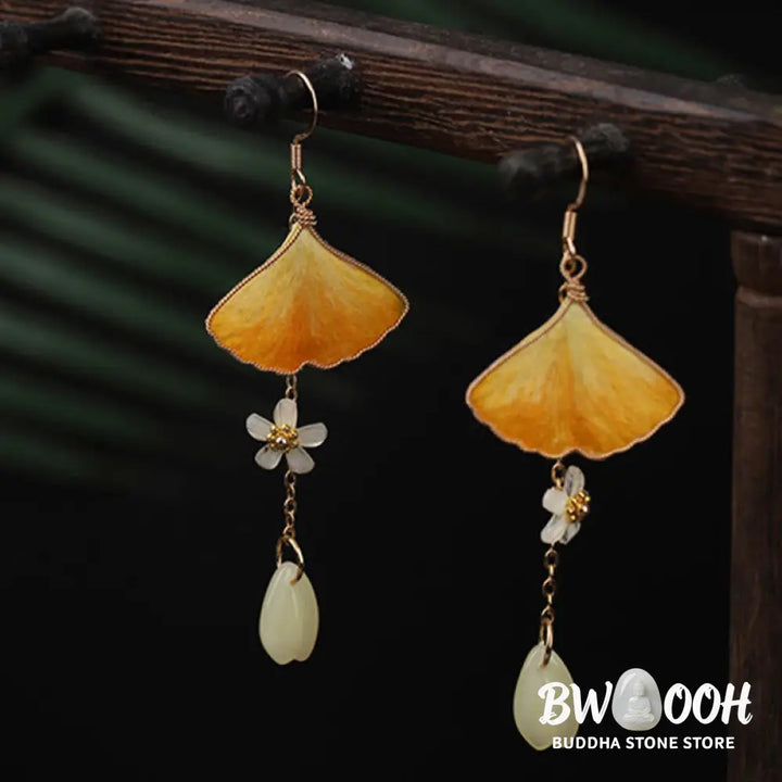 Buddha Stones Handmade Silk Craft Yellow Ginkgo Leaf Copper Hook Good Fortune Dangle Earrings - Earrings